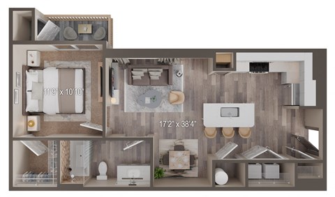 Floor plan for 1 bed, 1 bath, 717 sqft